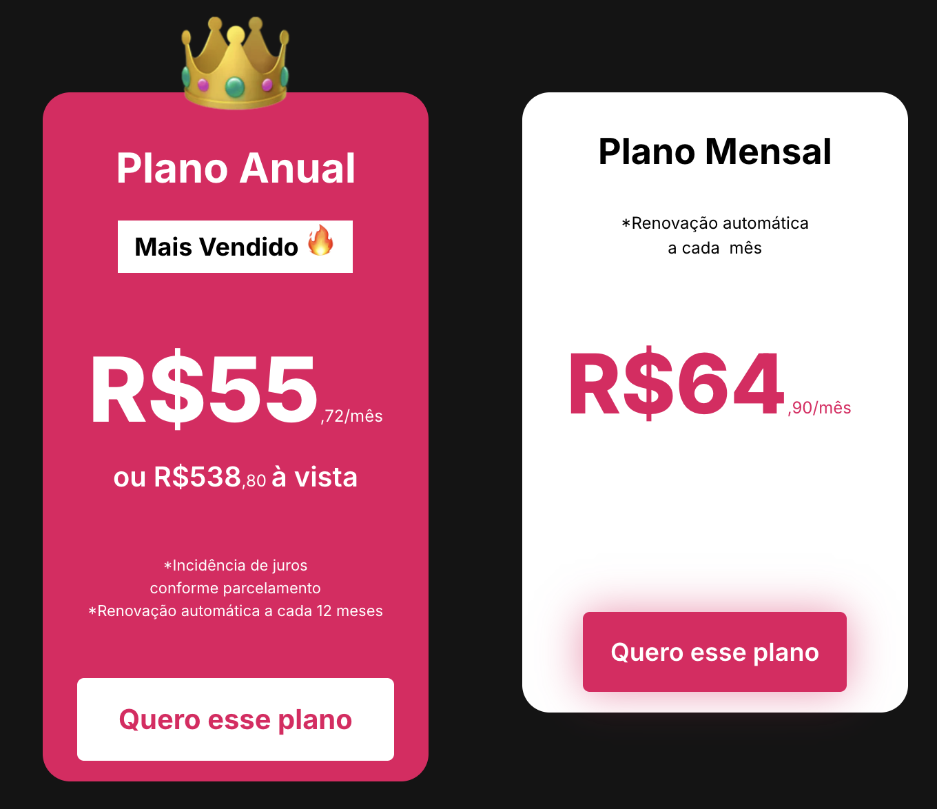 Plano Anual R$ 55,72/mês · Plano Mensal R$ 64,90/mês